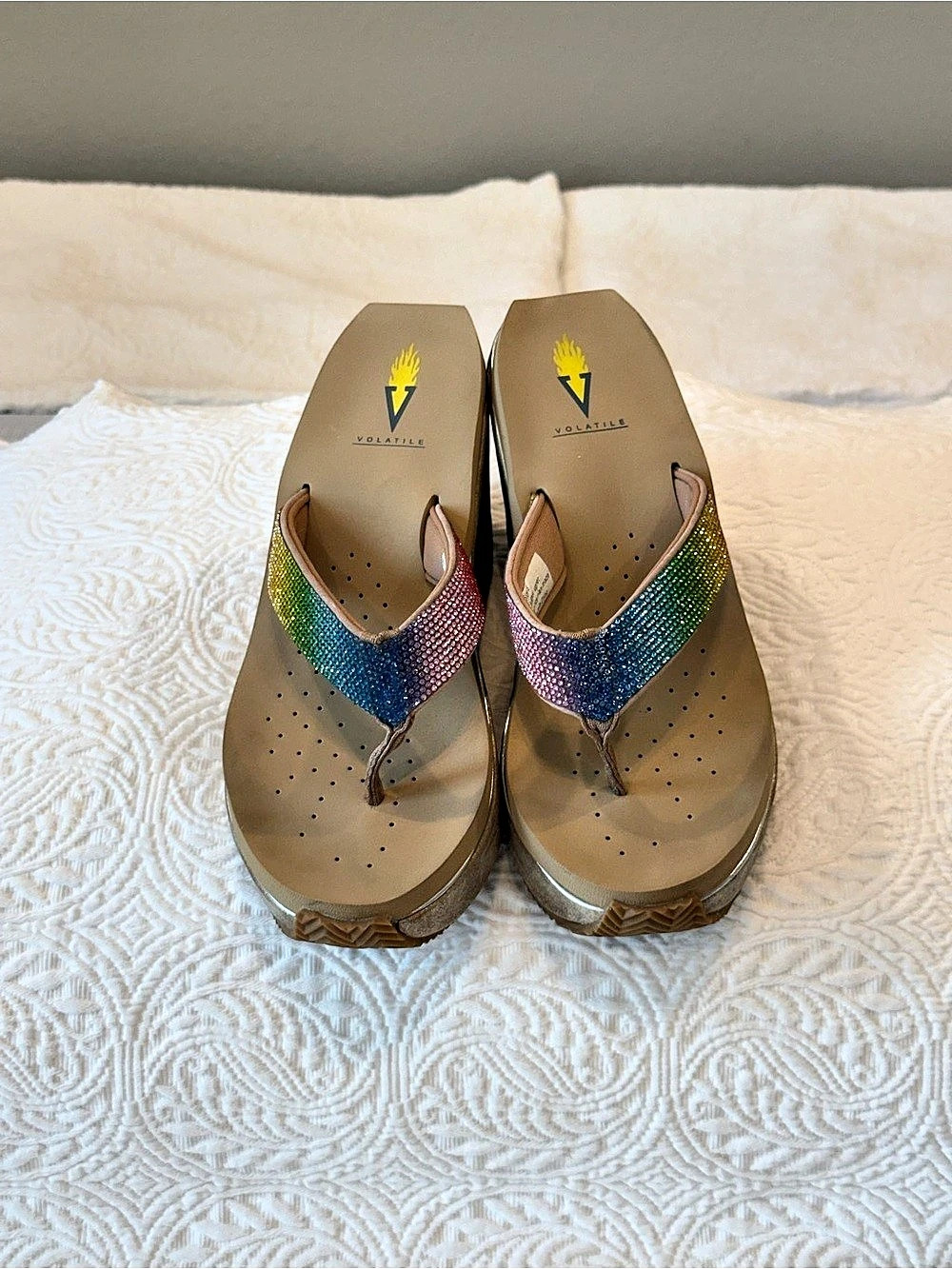 Skechers Rhinestone Wedge Sandals Gold Blue US 8 Like New
